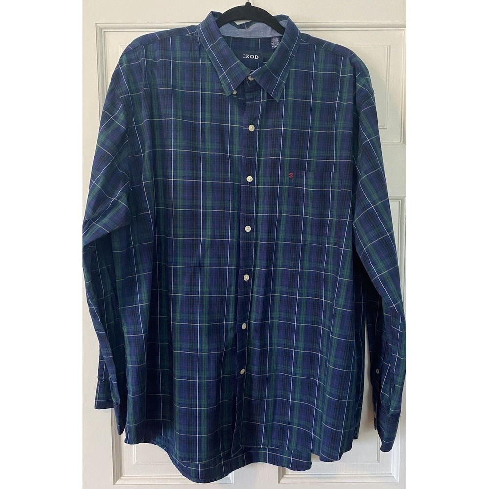 IZOD Men's Button Down Shirt SZ‎ XXL Blue Plaid Long Sleeve Classic Fit Pocket